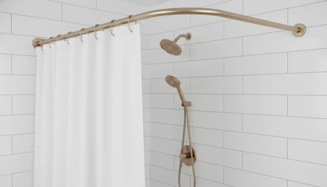 A champagne bronze curved shower rod installed in a white tiled shower enclosure.