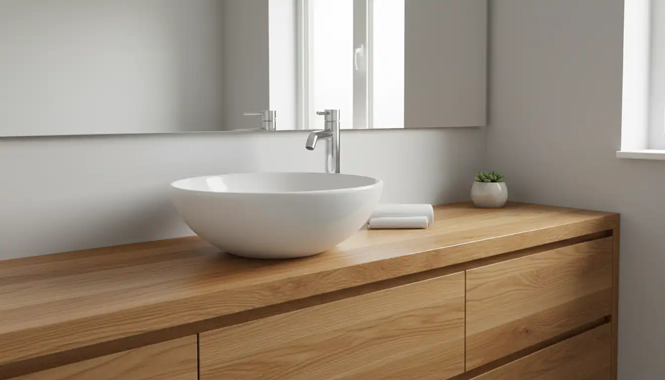 A modern white ceramic vessel sink with a tall chrome faucet mounted on a wooden bathroom countertop.