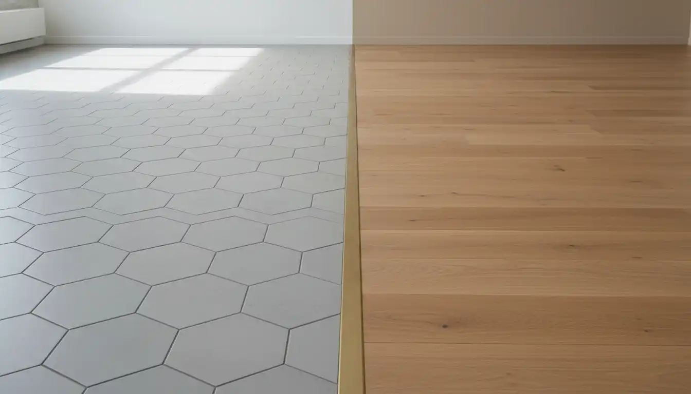 A seamless transition between two rooms, one with light gray hexagonal floor tiles and the other with wide-plank, light oak hardwood flooring, joined by a thin, brushed brass transition strip.