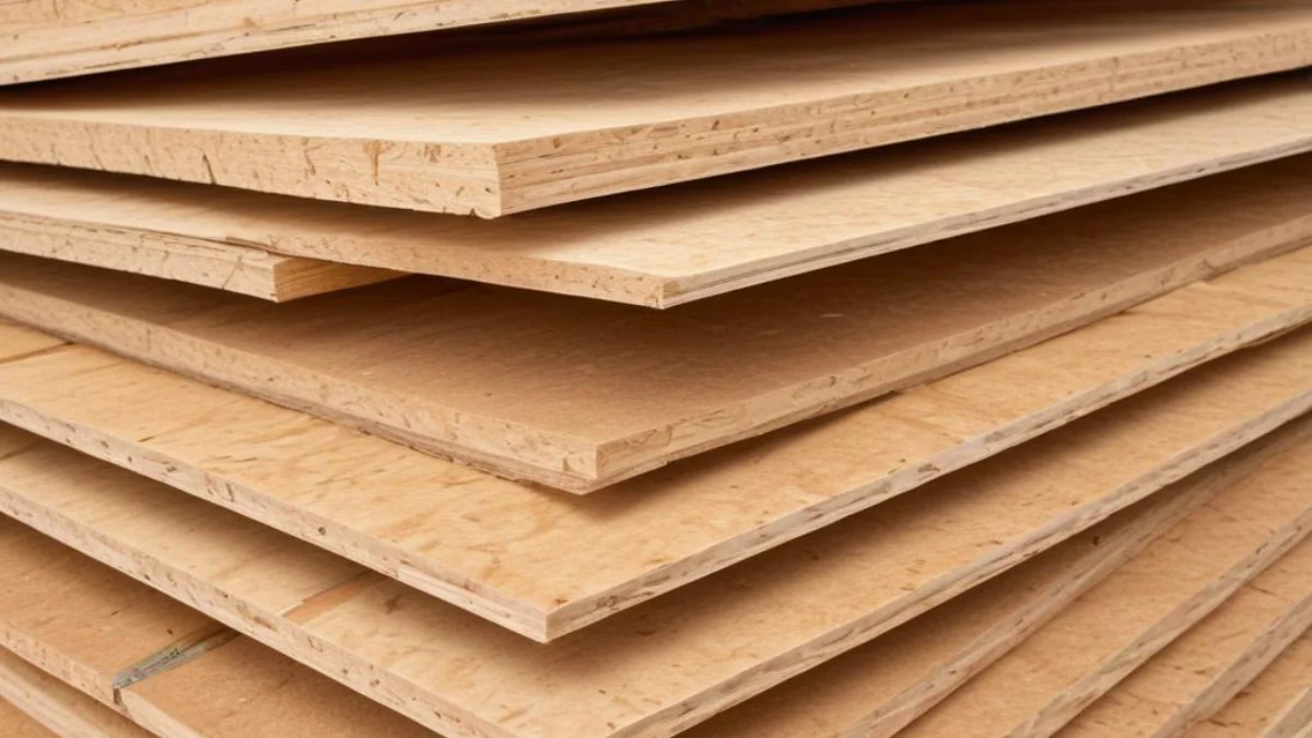 Stack of affordable OSB wood panels used for cost-effective exterior home sheathing on a new construction site.