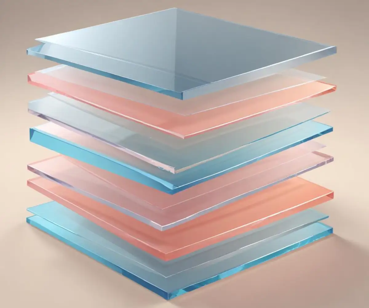 A neat stack of transparent, glossy acrylic sheets with perfectly polished edges, arranged by varying thickness on a neutral, flat surface.