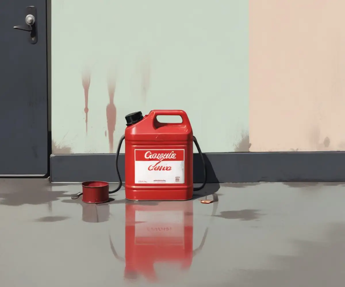 Dark oil stain on a concrete garage floor next to a red gasoline can.