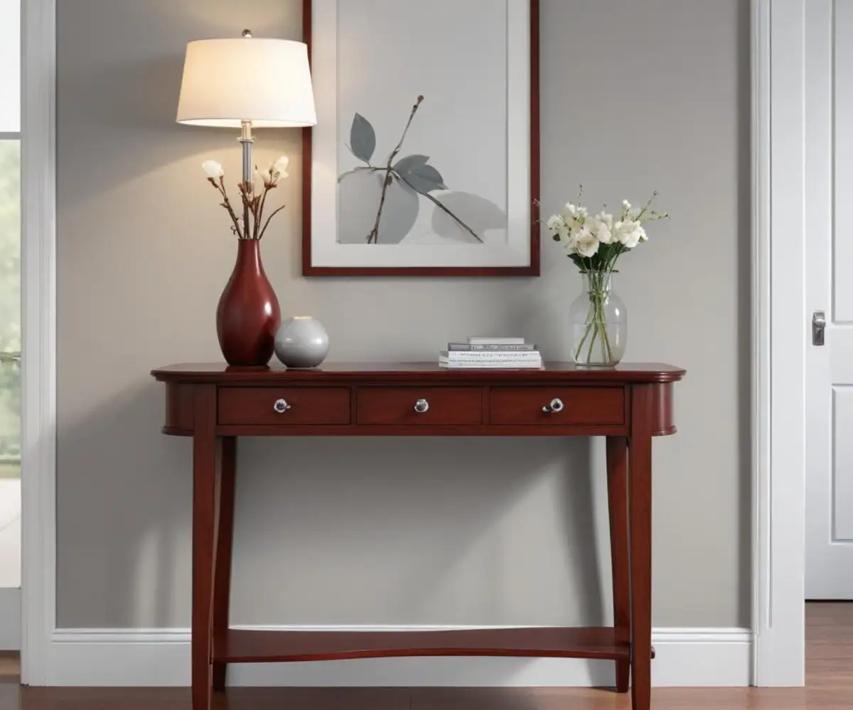 A cherry wood console table with polished silver drawer pulls, positioned against a light gray painted wall in a well-lit entryway.