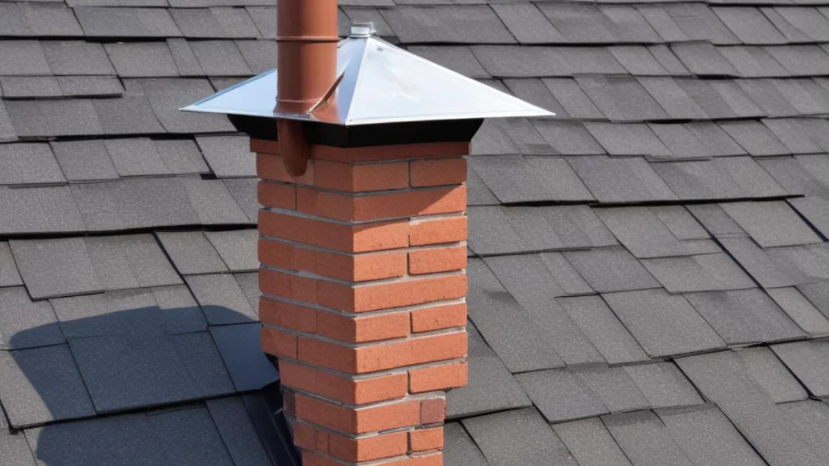 Metal water diverter installed on asphalt shingle roof above a brick chimney.