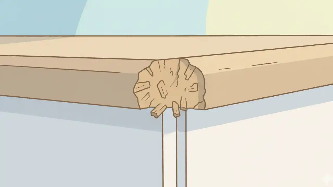 A close-up view of the corner of a kitchen cabinet made from light-colored pressed wood chipboard.