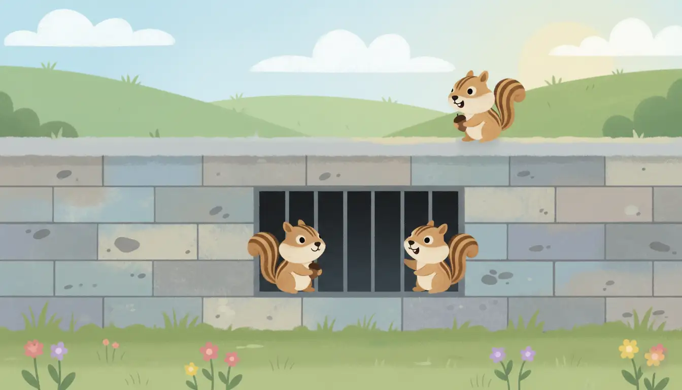 Underside of a house foundation with a dark, open crawl space vent.