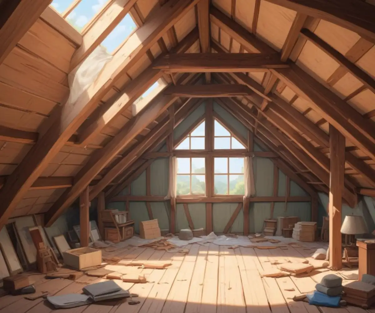 Interior view of a residential attic with exposed wooden rafters and insulation.