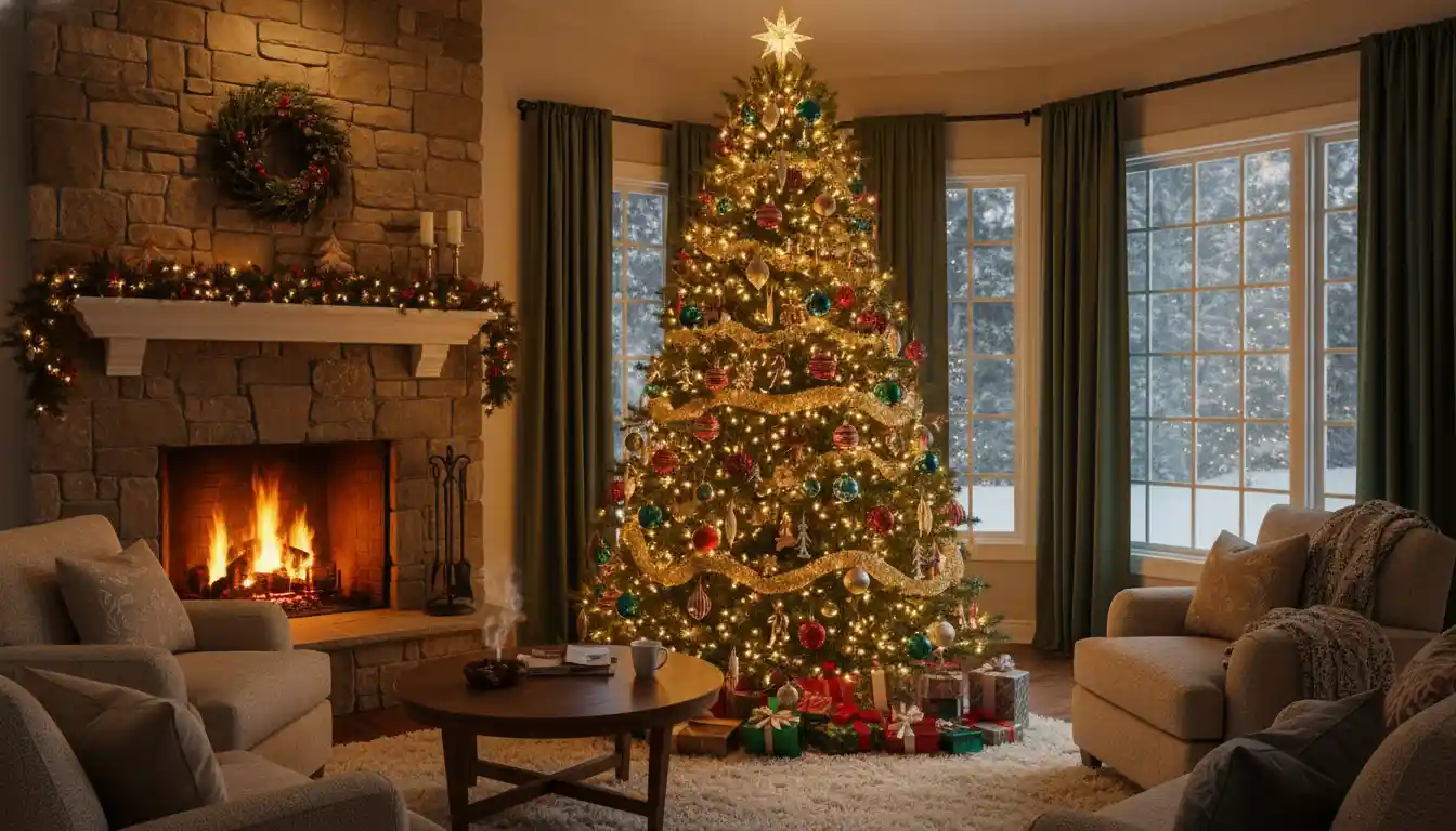 A decorated Christmas tree with glowing lights in a cozy living room setting.