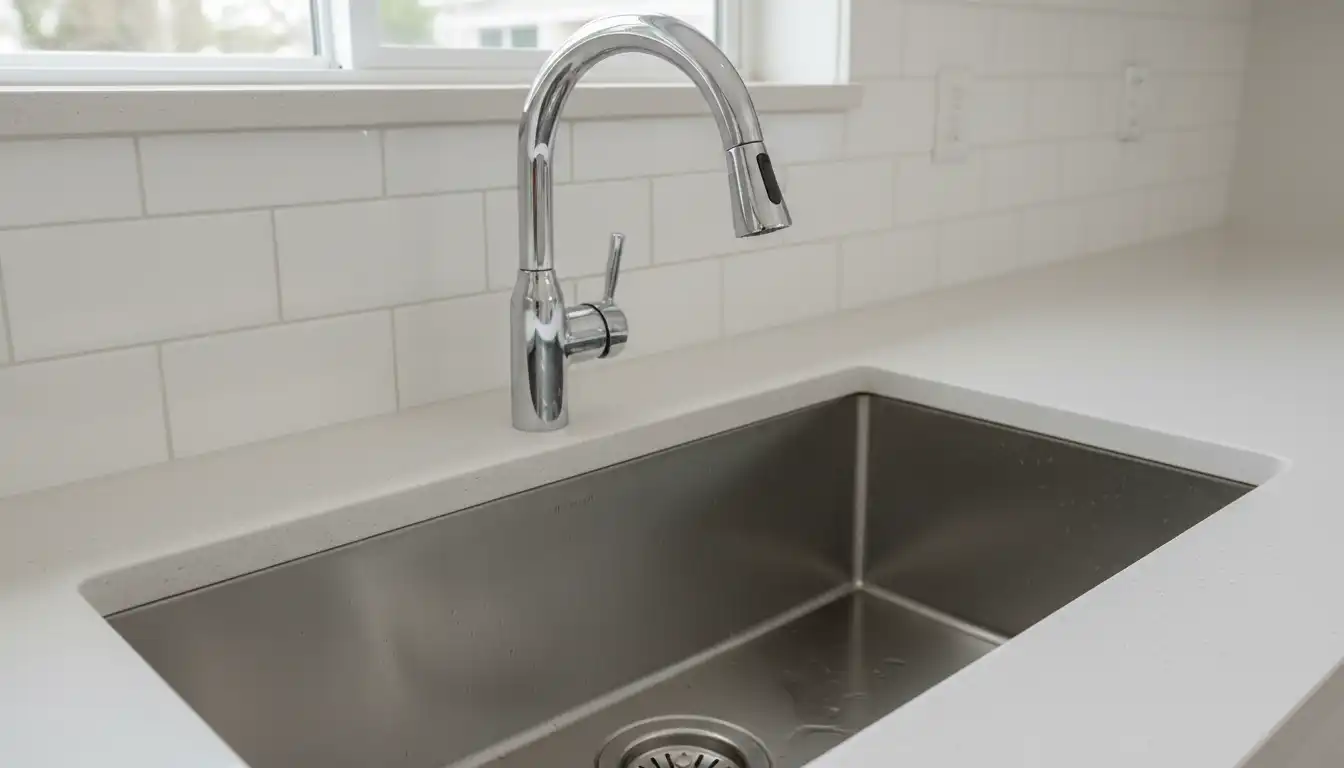 A polished chrome gooseneck faucet mounted on a gleaming stainless steel kitchen sink.