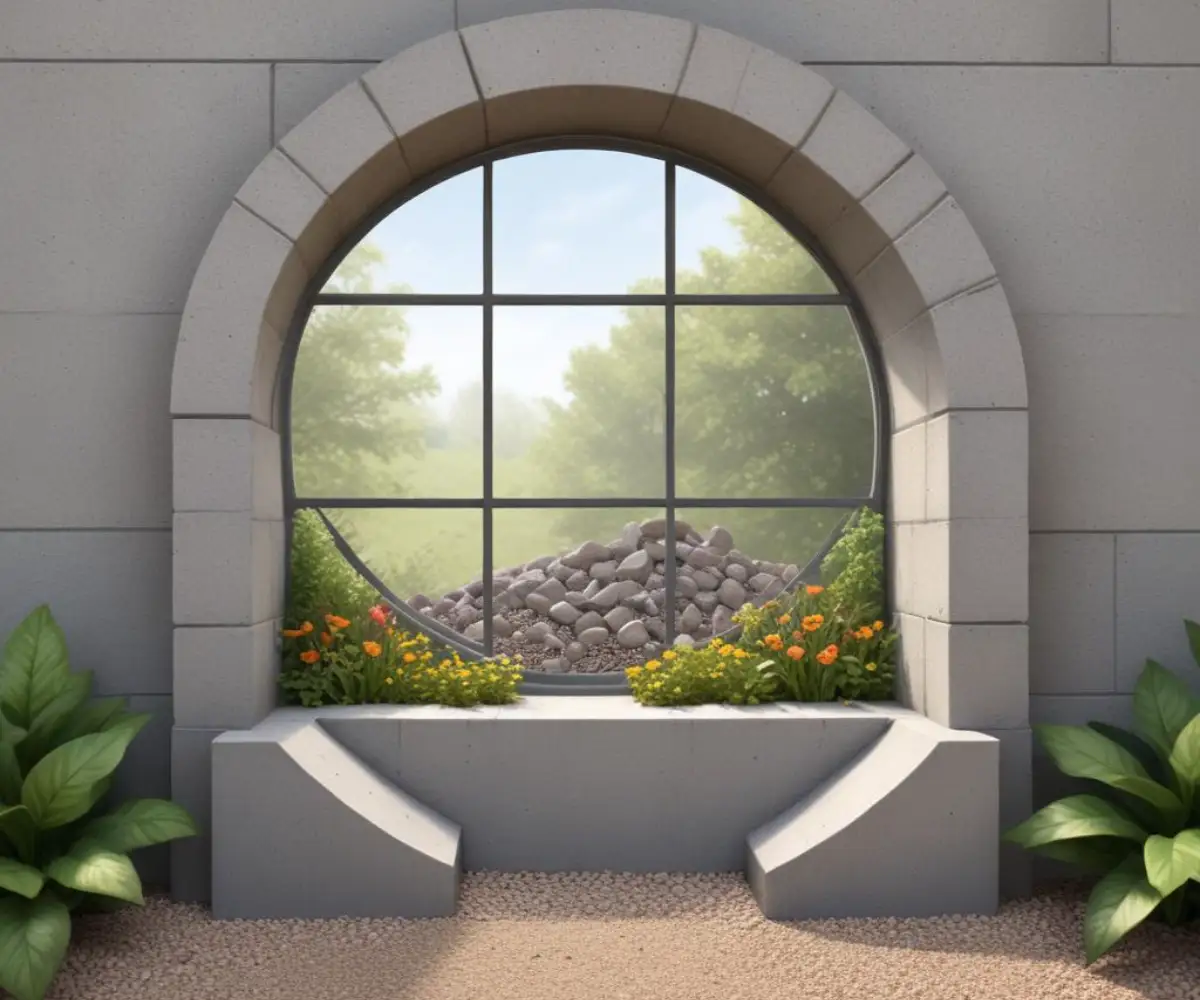 A semi-circular window well for a basement egress window, constructed from gray cinder blocks and filled with a layer of gravel at the bottom.