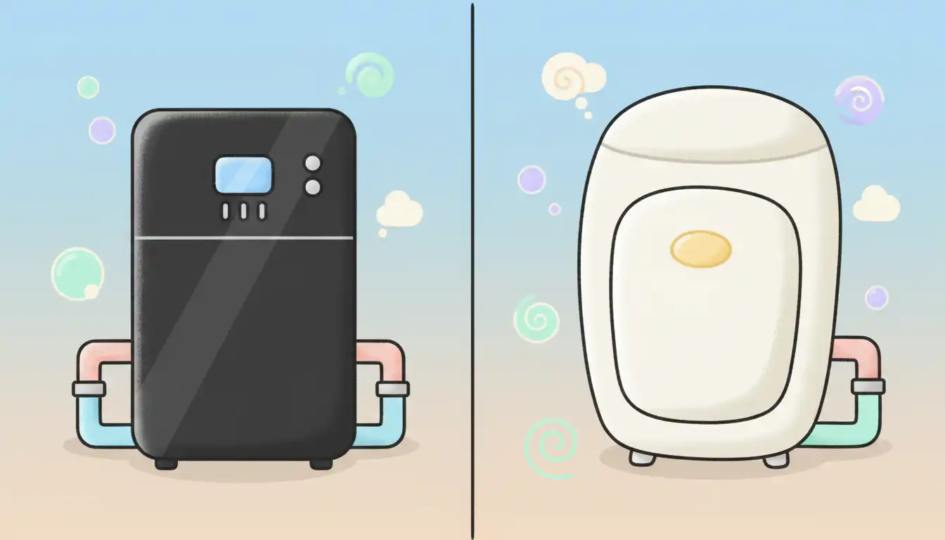 A split view showing a sleek black Clack water softener system next to a white Culligan water softener unit.