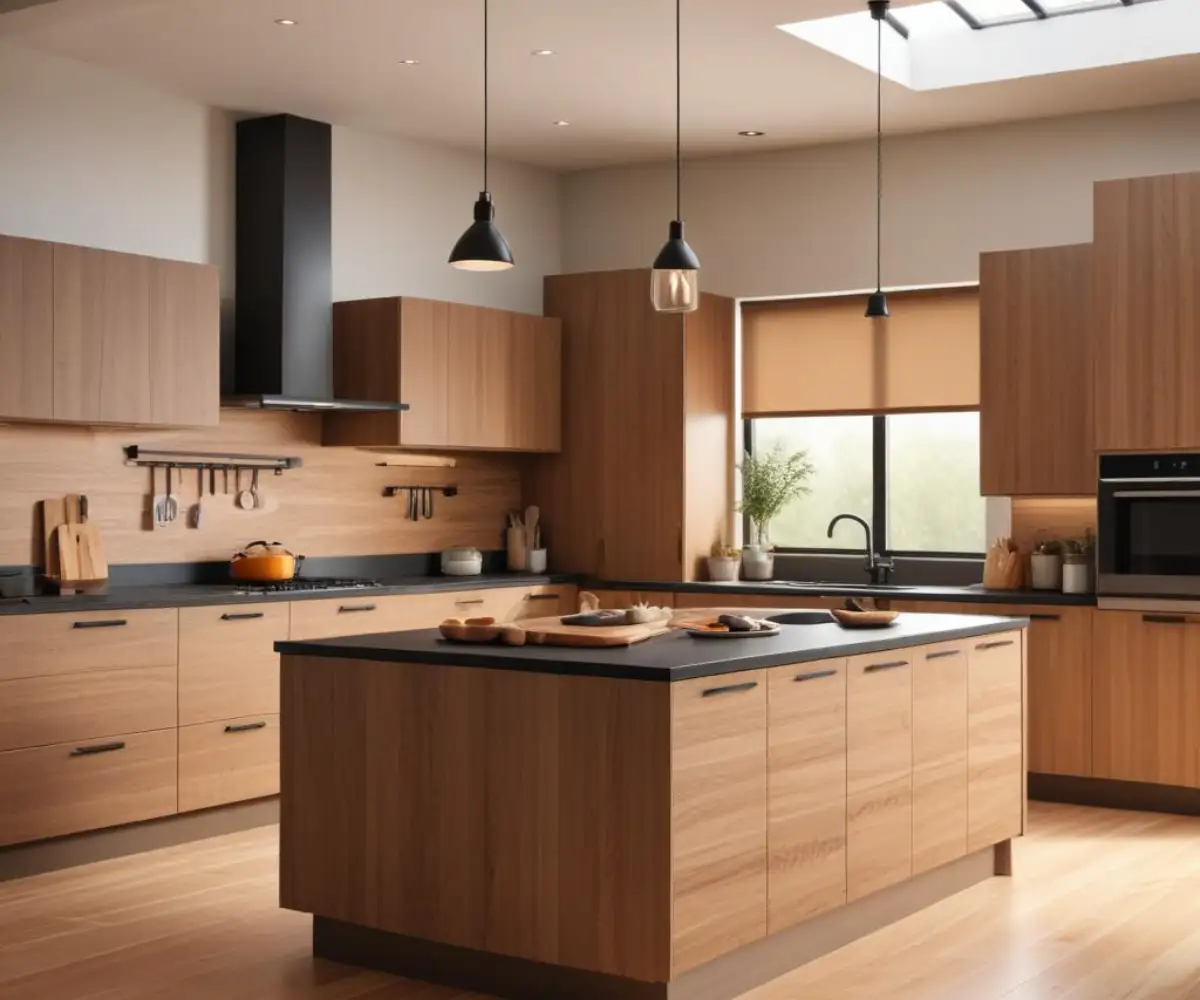 A modern kitchen with textured, wood-grain finish Cleaf cabinets and a sleek, dark countertop.
