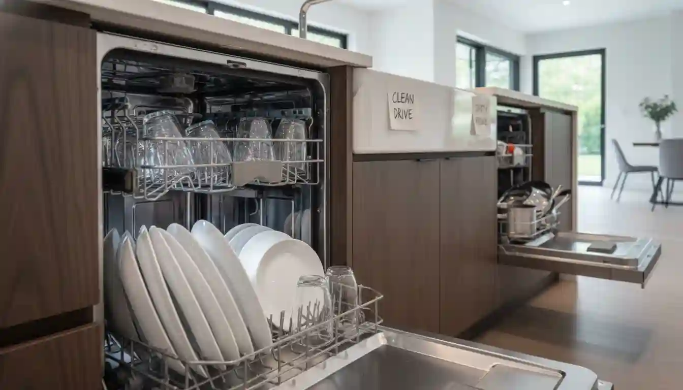 the clean dishwasher, full of sparkling dishes, ready to be used or transferred to cabinets