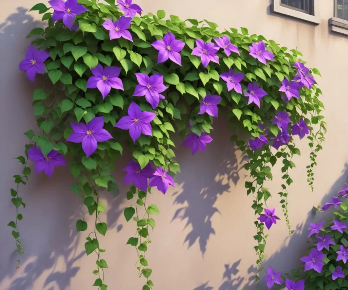 A flowering purple clematis vine with lush green leaves climbing up the exterior wall of a residential house.
