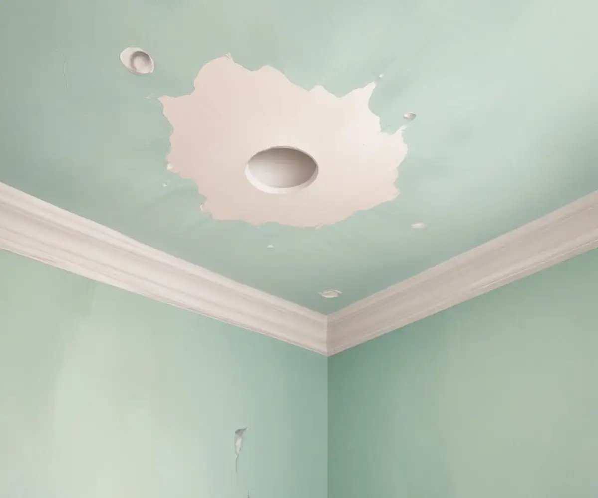 View looking up at a discolored plaster ceiling with a visible water stain and a small hole.