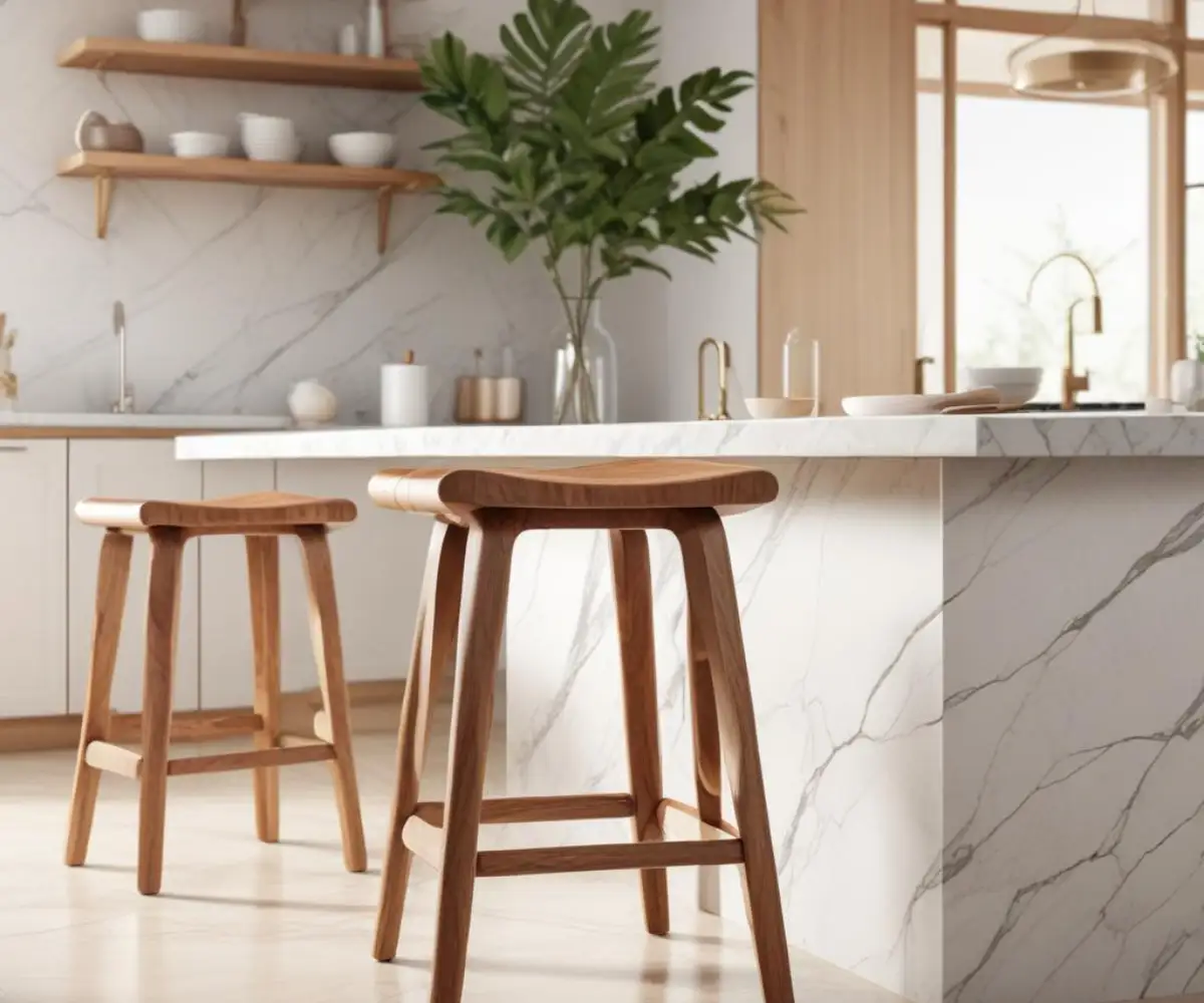 A rustic, solid wood Cline counter stool with a curved spindle backrest, positioned at a white marble kitchen island.