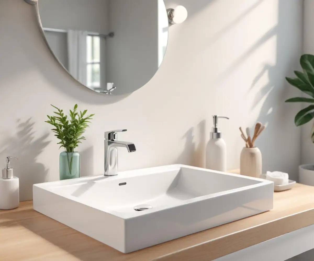 A clean and sparkling white bathroom sink and countertop, showing a reflective, water-repellent surface.