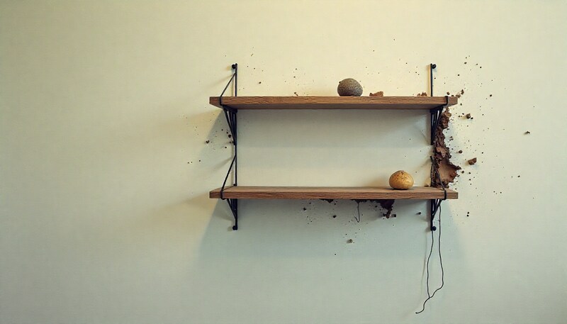 A white wire closet shelf detached from a damaged drywall wall.