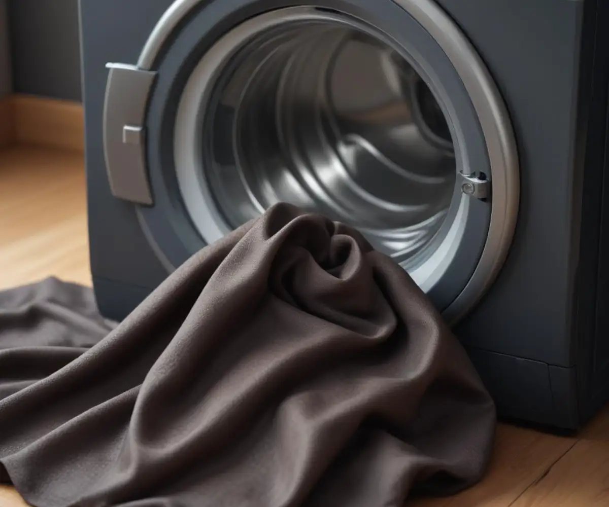 A close-up of a dark-colored fabric with a noticeable waxy, greasy residue on the surface, next to a washing machine.
