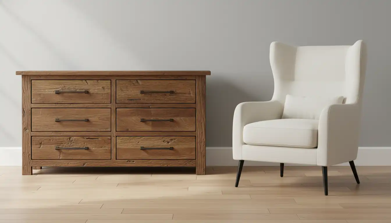 A side-by-side comparison of a Coaster Furniture rustic brown wooden dresser and an Ashley Furniture modern white upholstered armchair.