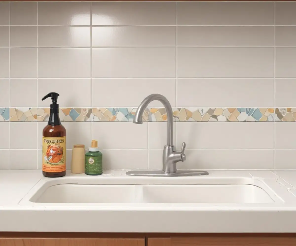 A clean, straight bead of white caulk applied to the joint between a white countertop and a tiled kitchen backsplash.