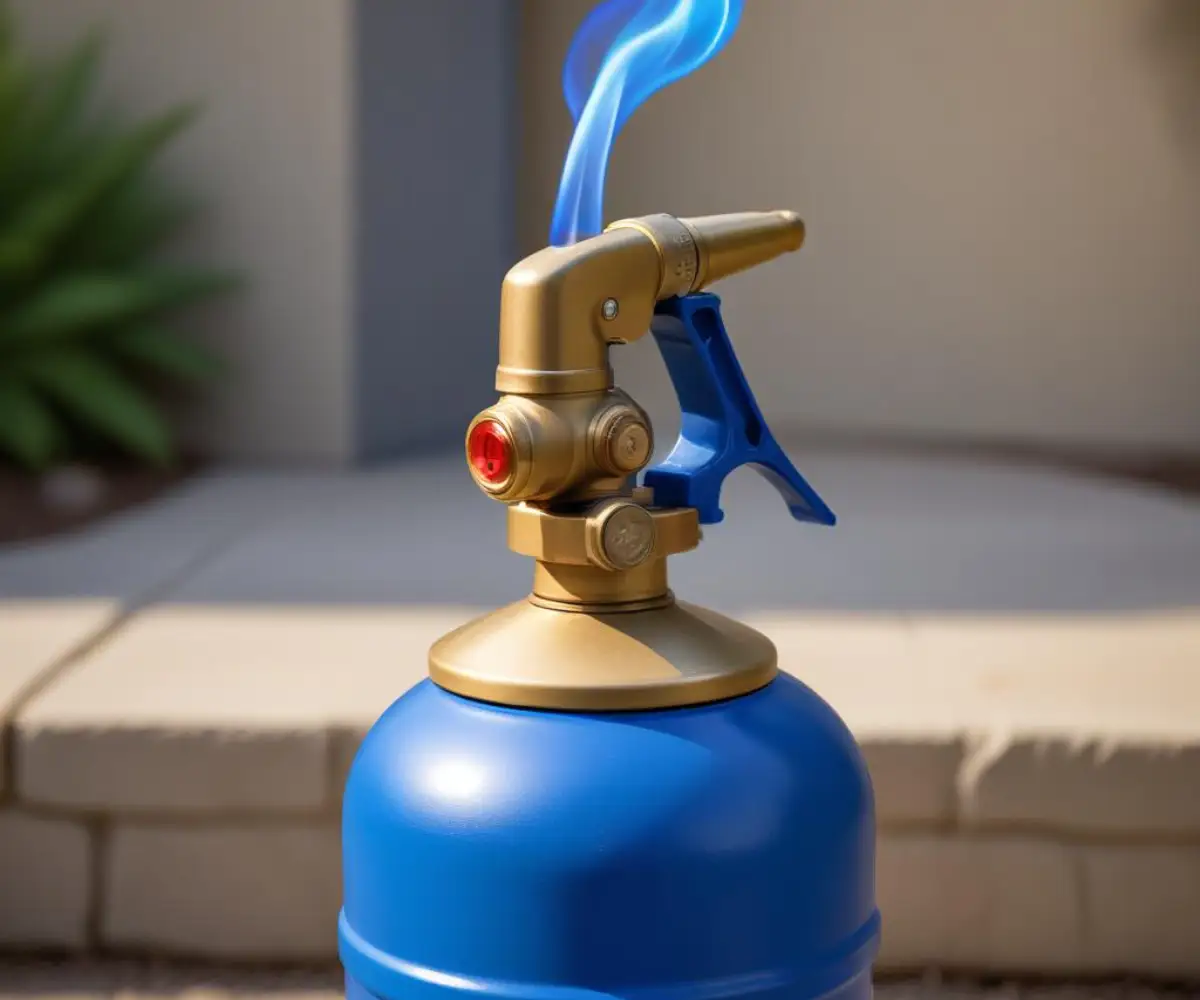 A close-up of a brass propane torch head nozzle attached to a blue propane cylinder, with a blue flame.