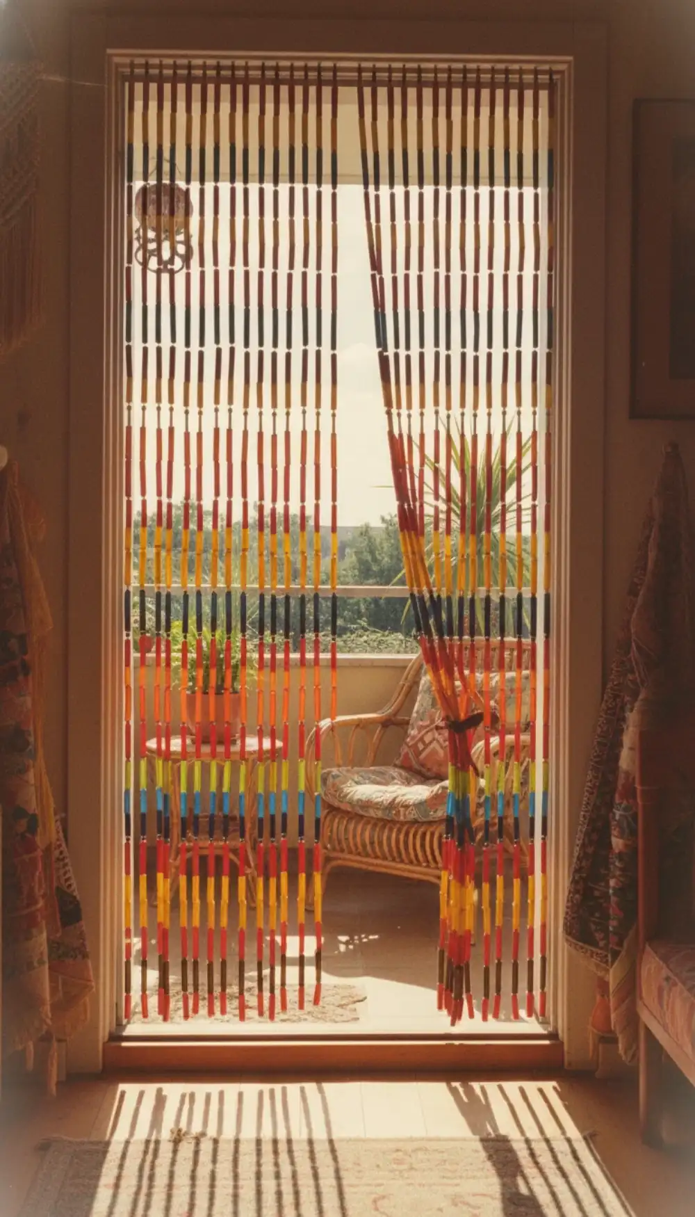 Colorful beaded curtain hanging in a balcony doorway catching the light