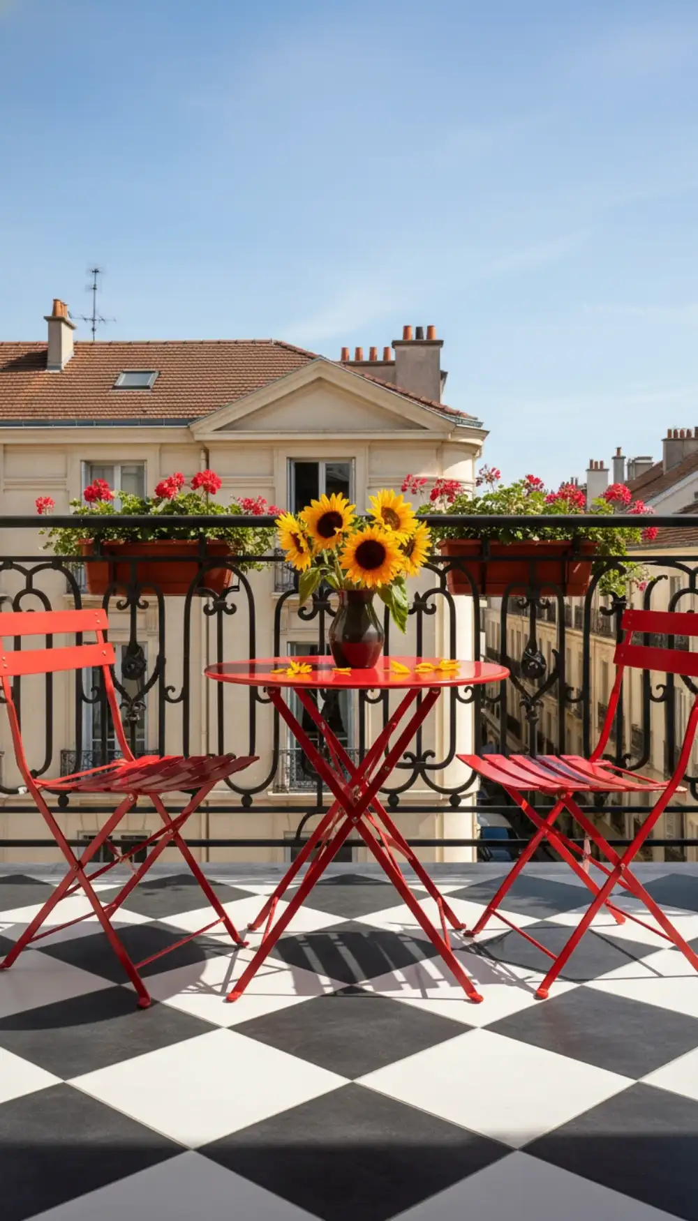 Bright red metal bistro table and chairs on a small balcony
