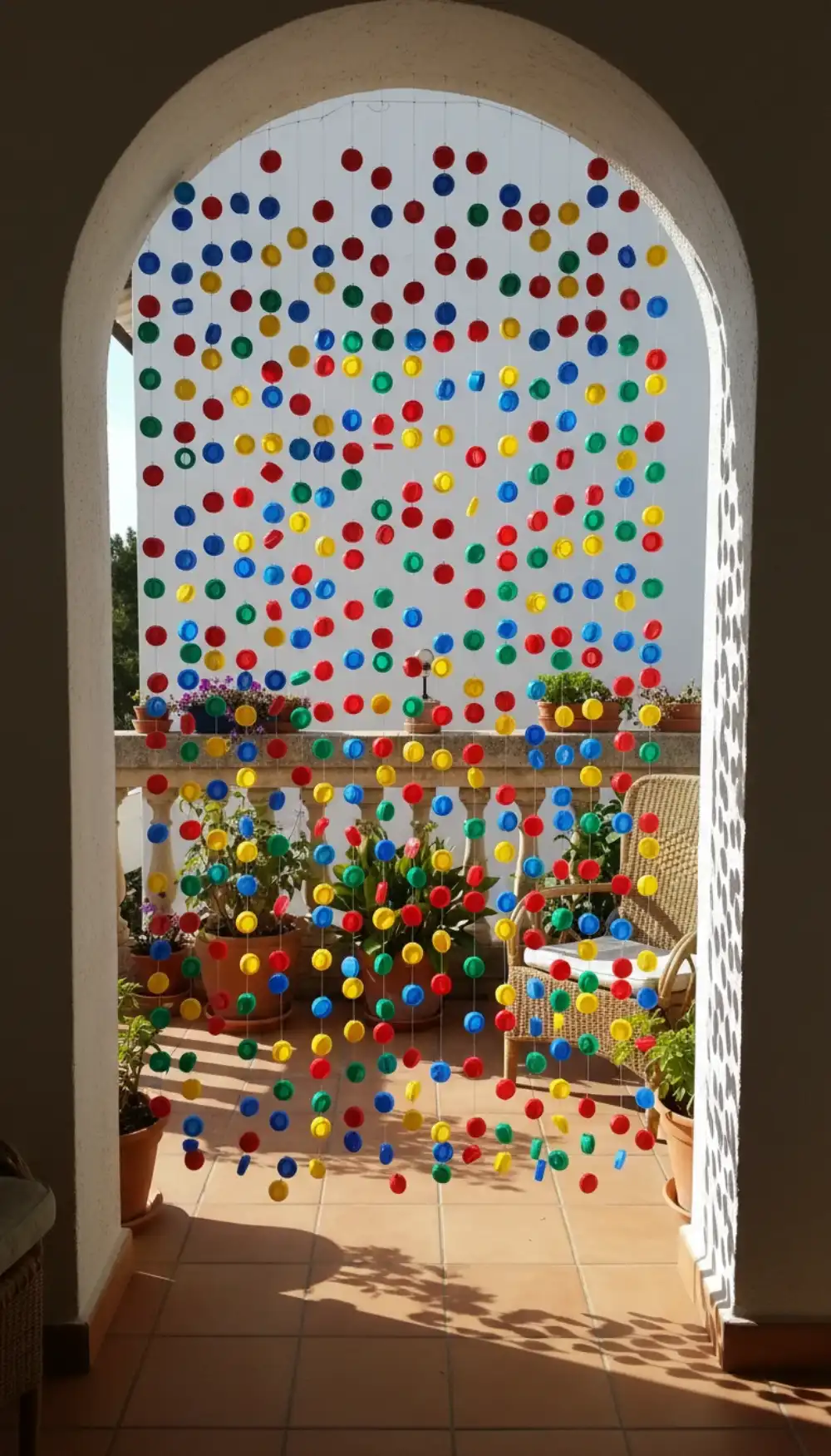 Strings of colorful plastic bottle caps hanging as a recycled curtain