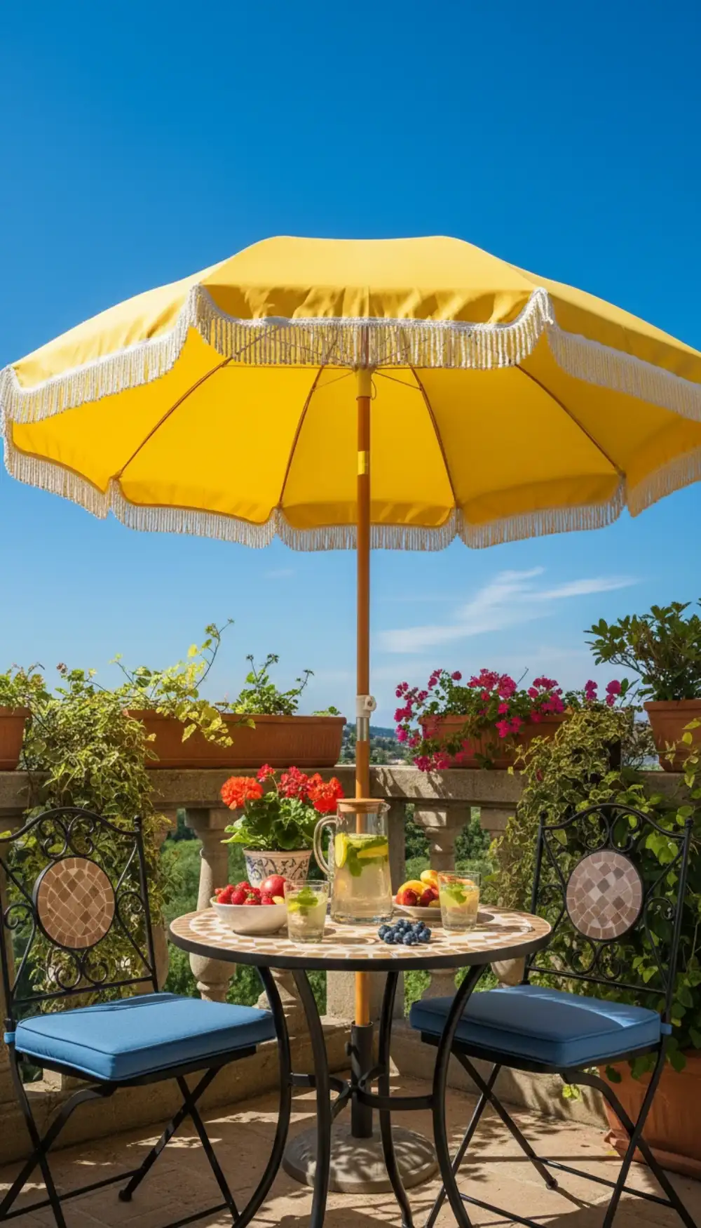 Bright yellow patio umbrella shading a small balcony table