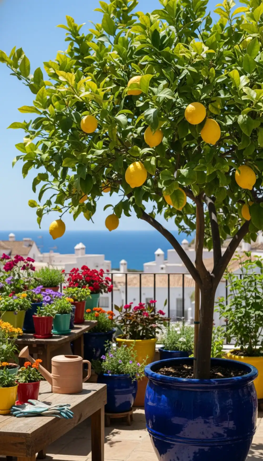 Potted lemon tree with bright yellow fruit on a sunny balcony