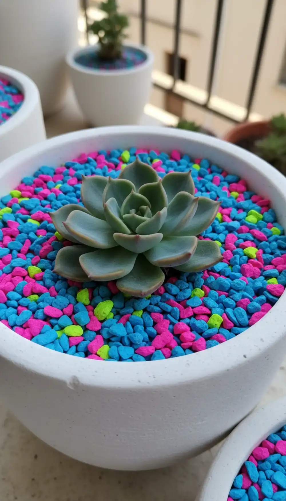 Potted plants topped with neon pink and blue aquarium gravel