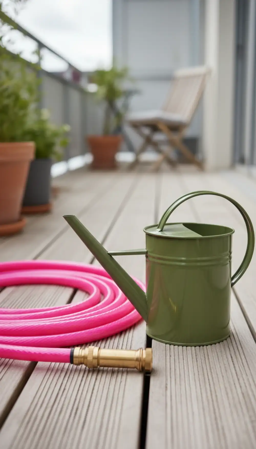 Coil of bright neon green garden hose on a balcony floor
