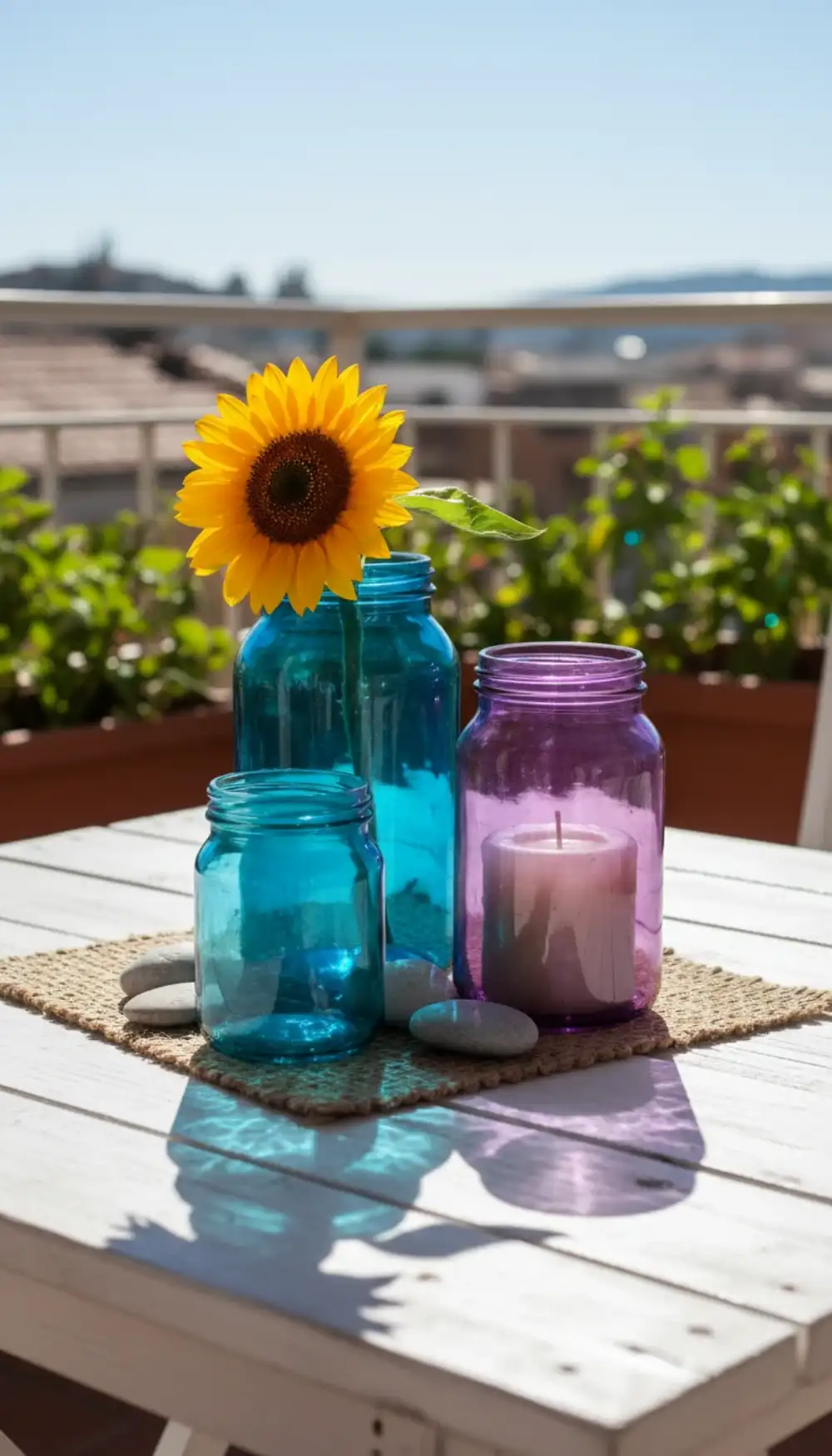 Blue, green, and purple vintage mason jars on a table with flowers