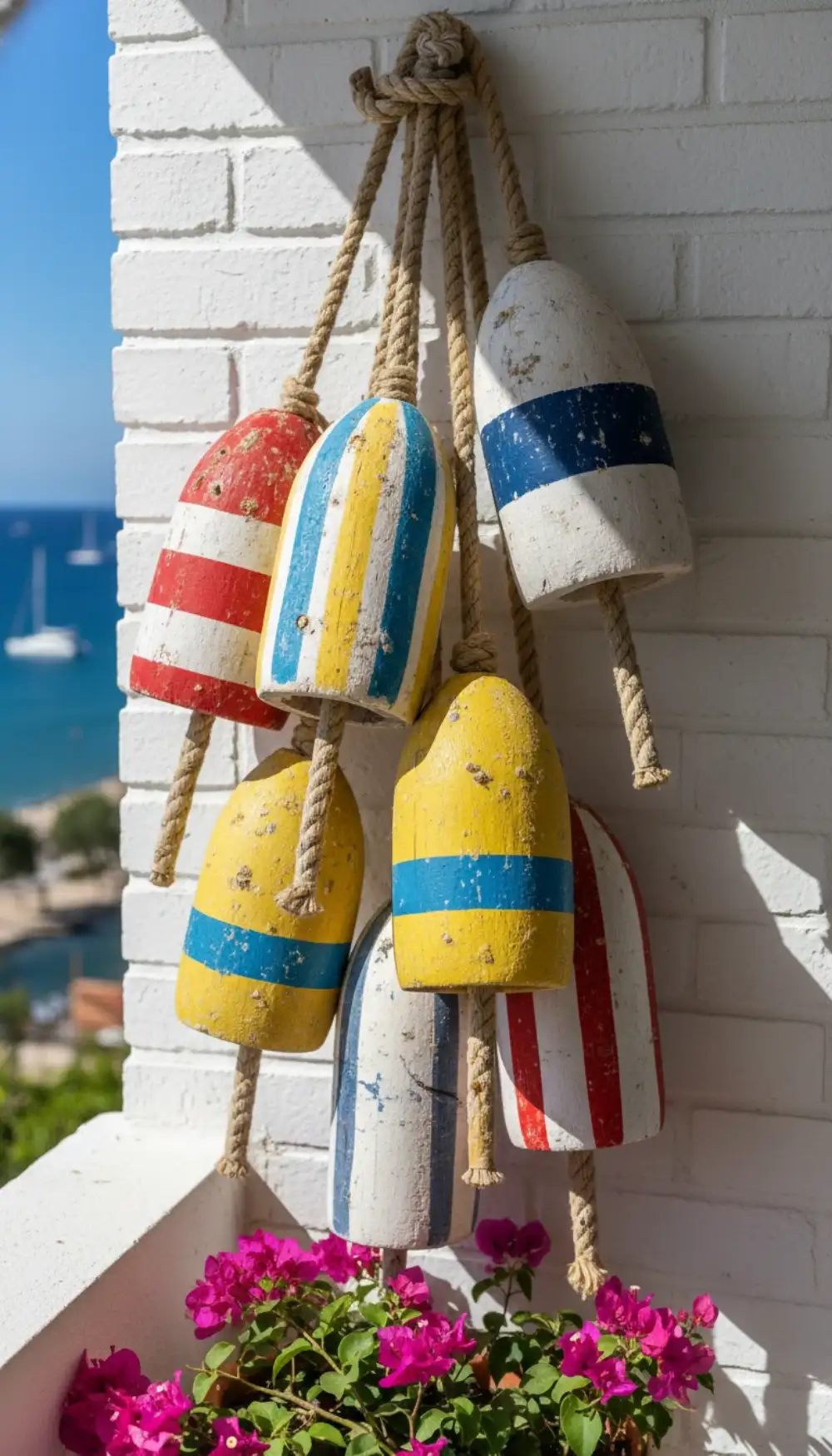 Strand of brightly painted wooden lobster buoys hanging on a wall