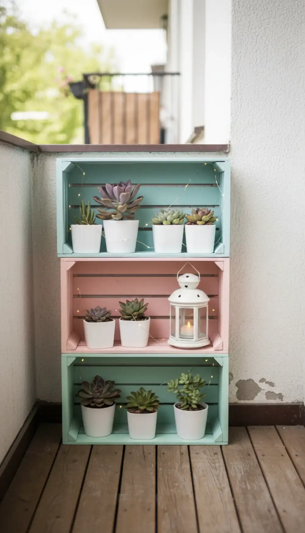 Stacked wooden crates painted in pastel pink, mint, and blue