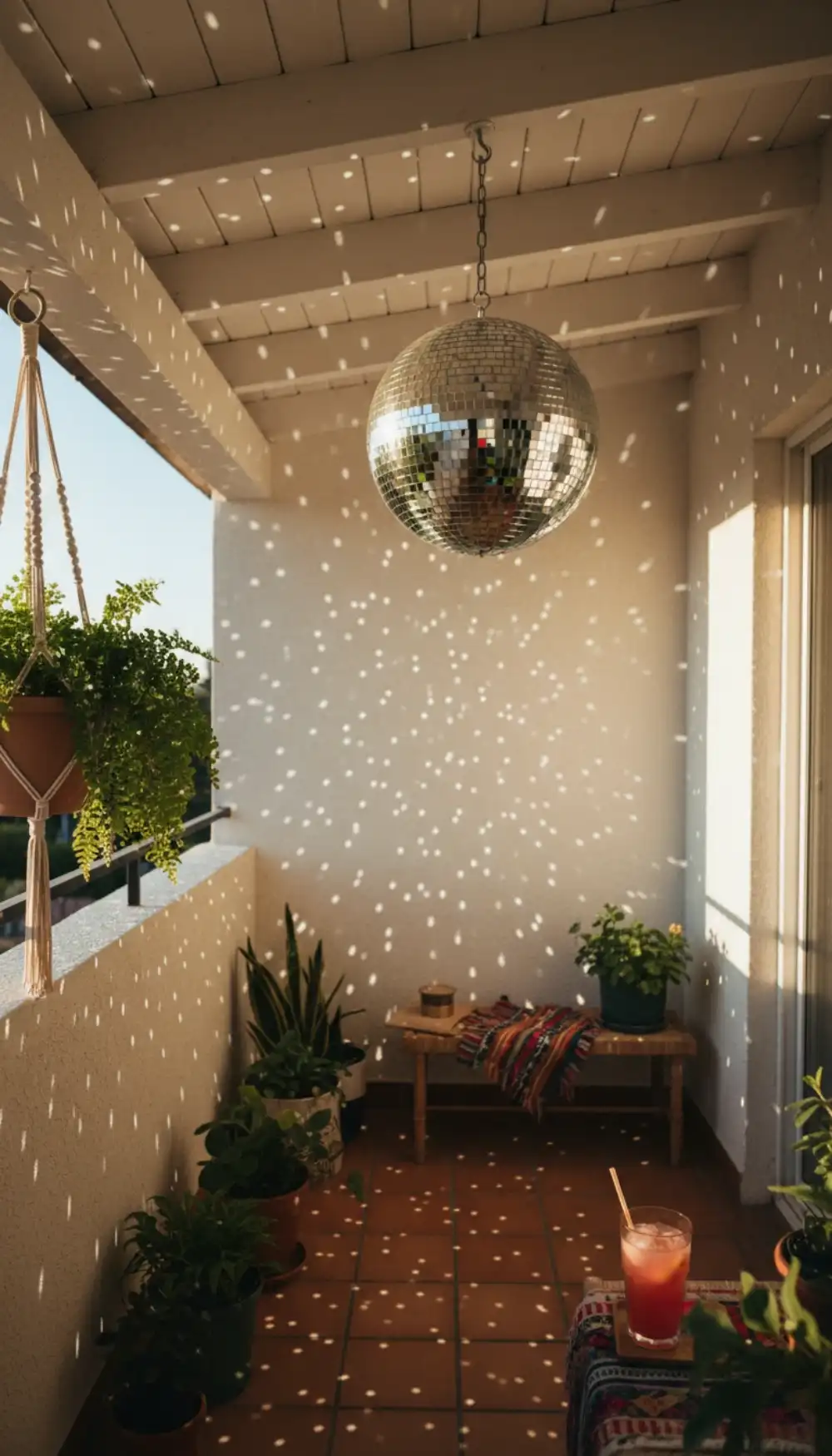 Silver disco ball hanging on a sunny balcony reflecting light