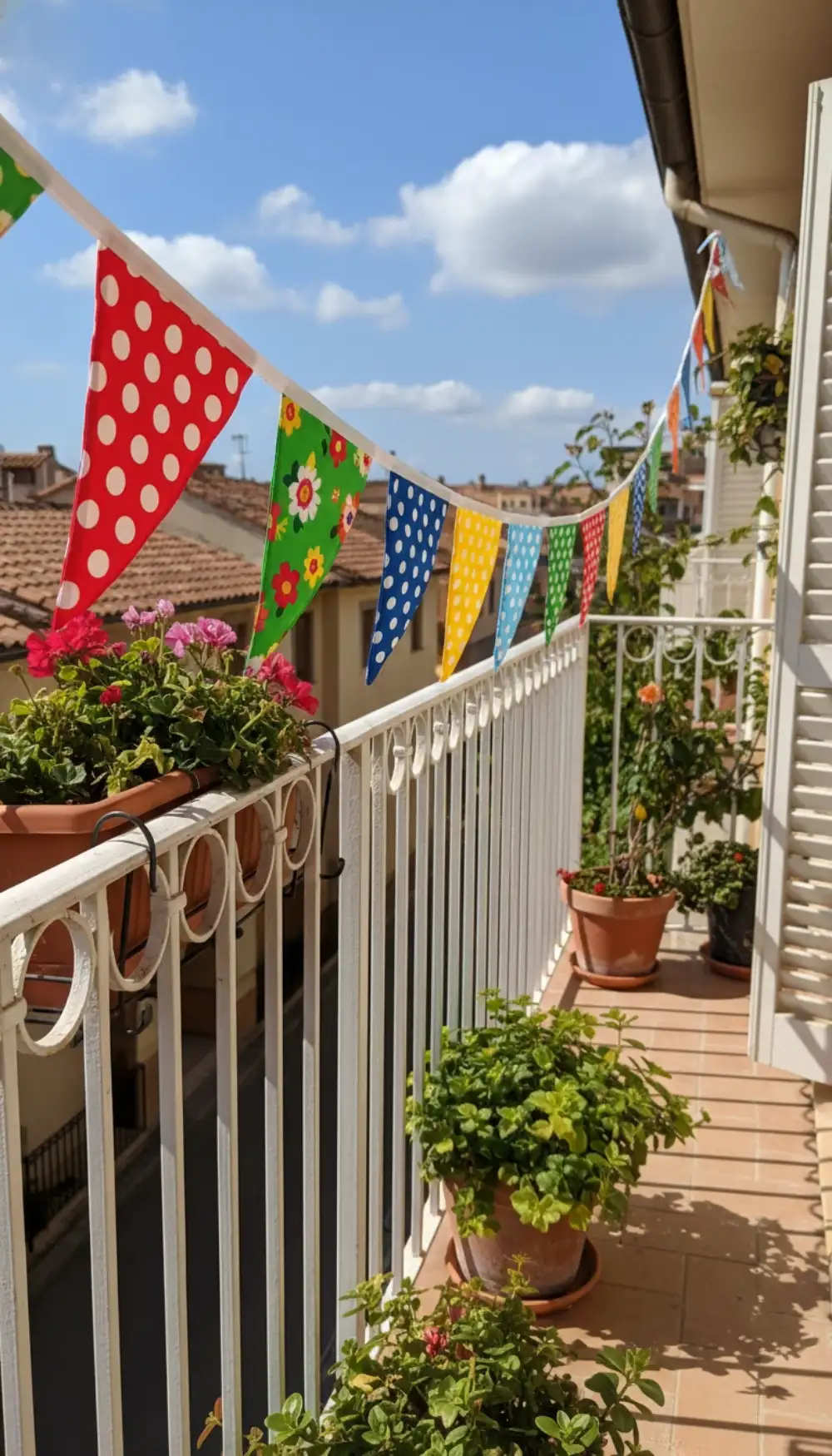 String of colorful fabric triangle flags hanging across a balcony