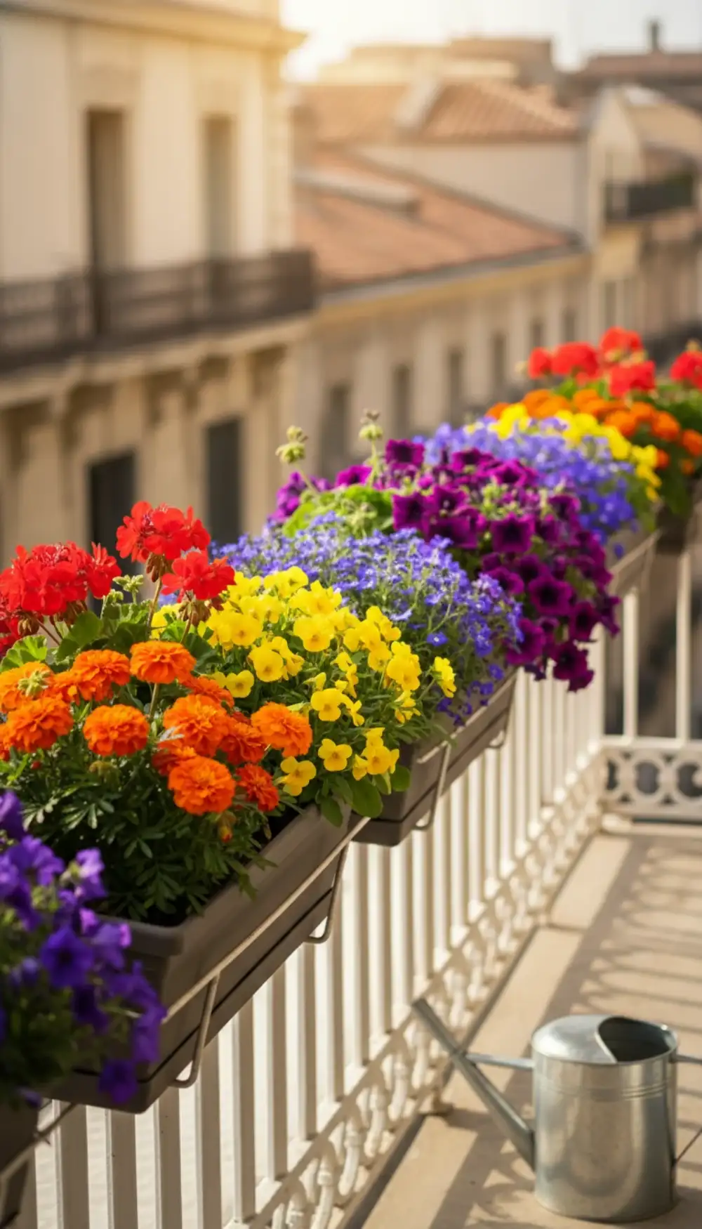 Rail planters filled with flowers arranged in a rainbow color gradient