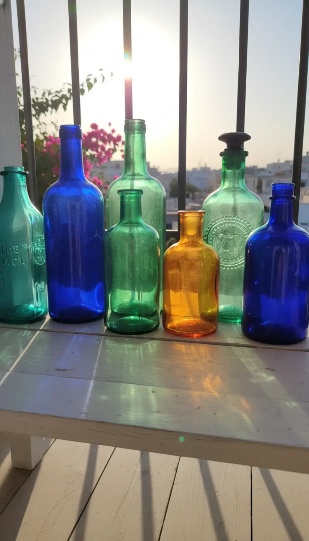 Collection of vintage colored glass bottles on a balcony shelf