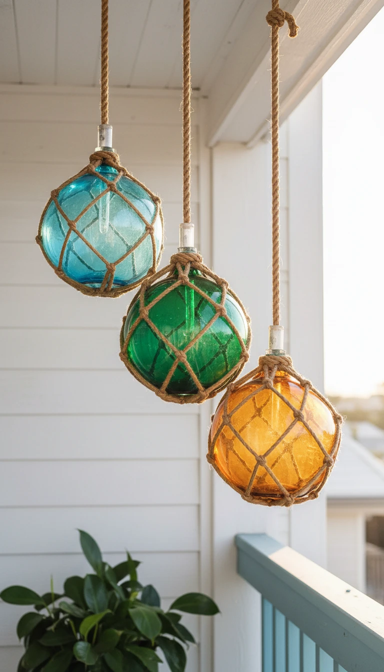 Vintage glass fishing floats in netting hanging on a balcony