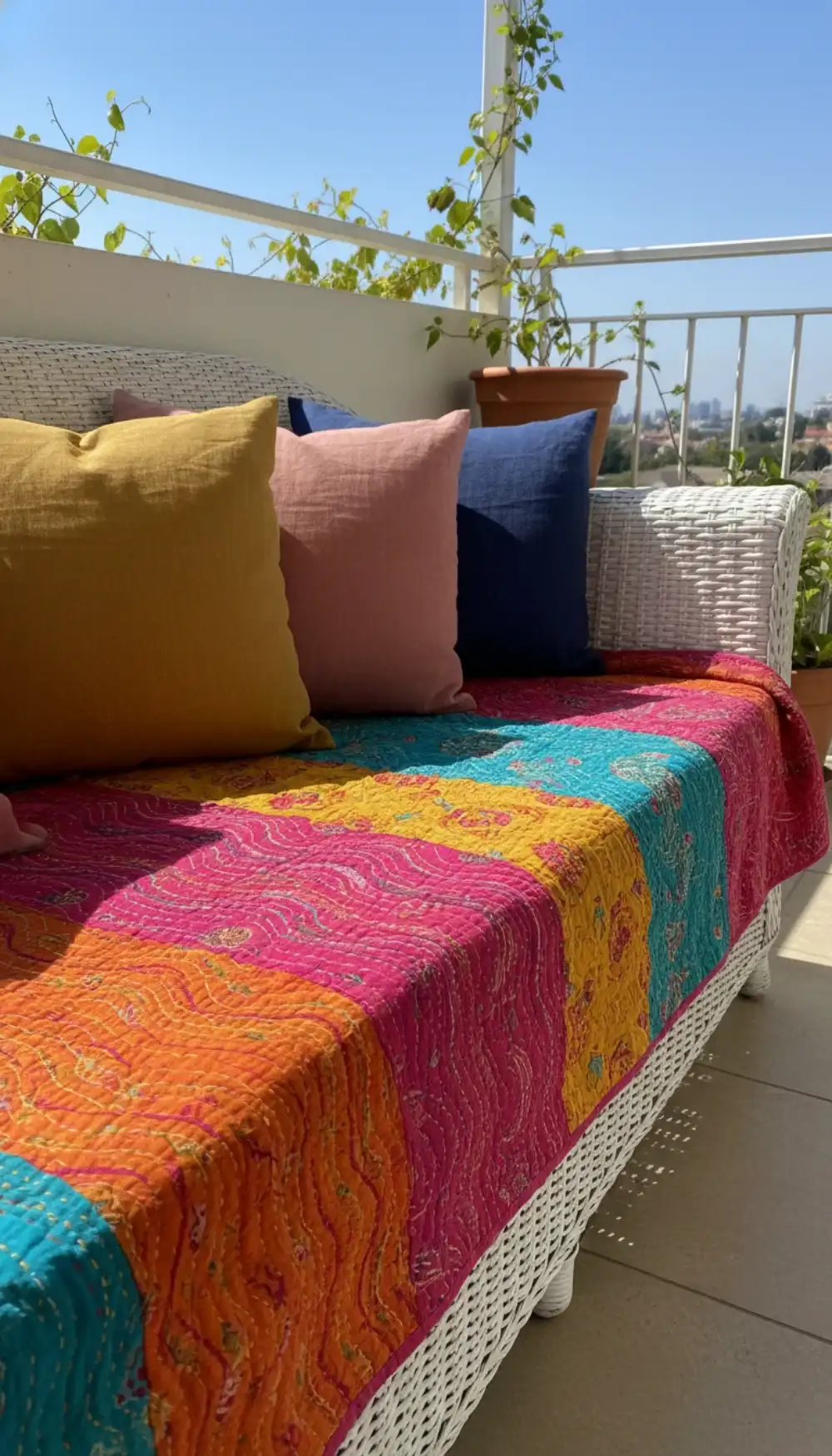 Colorful vintage Kantha quilt draped over a white outdoor sofa