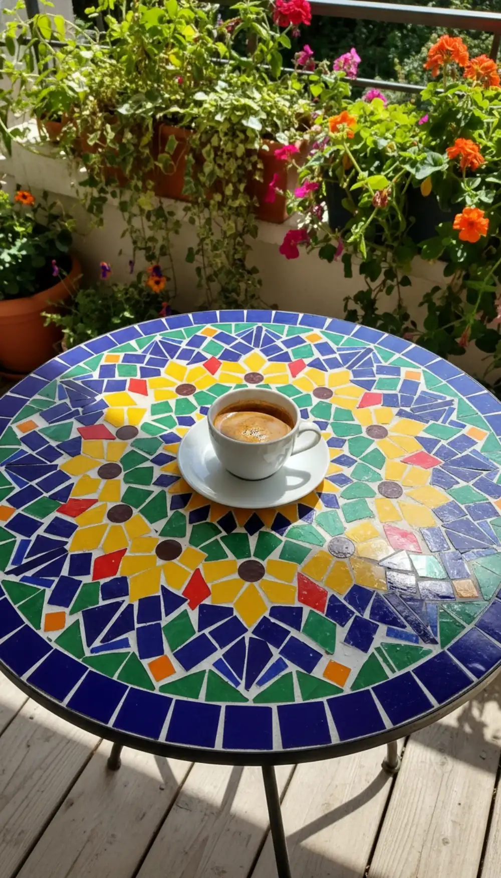 Round mosaic table top with colorful broken tiles in a floral pattern