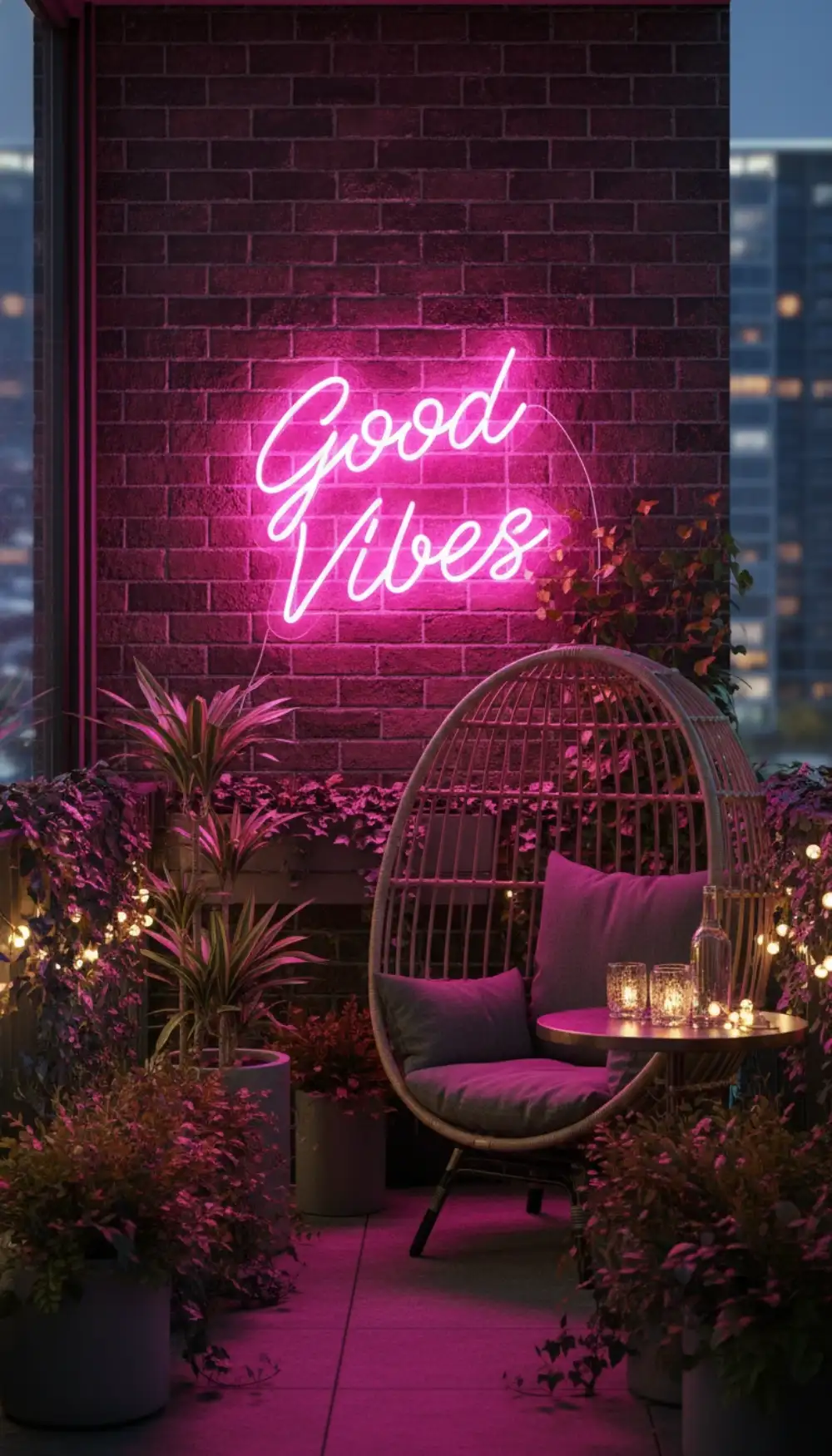 Pink neon sign glowing on a balcony wall at night