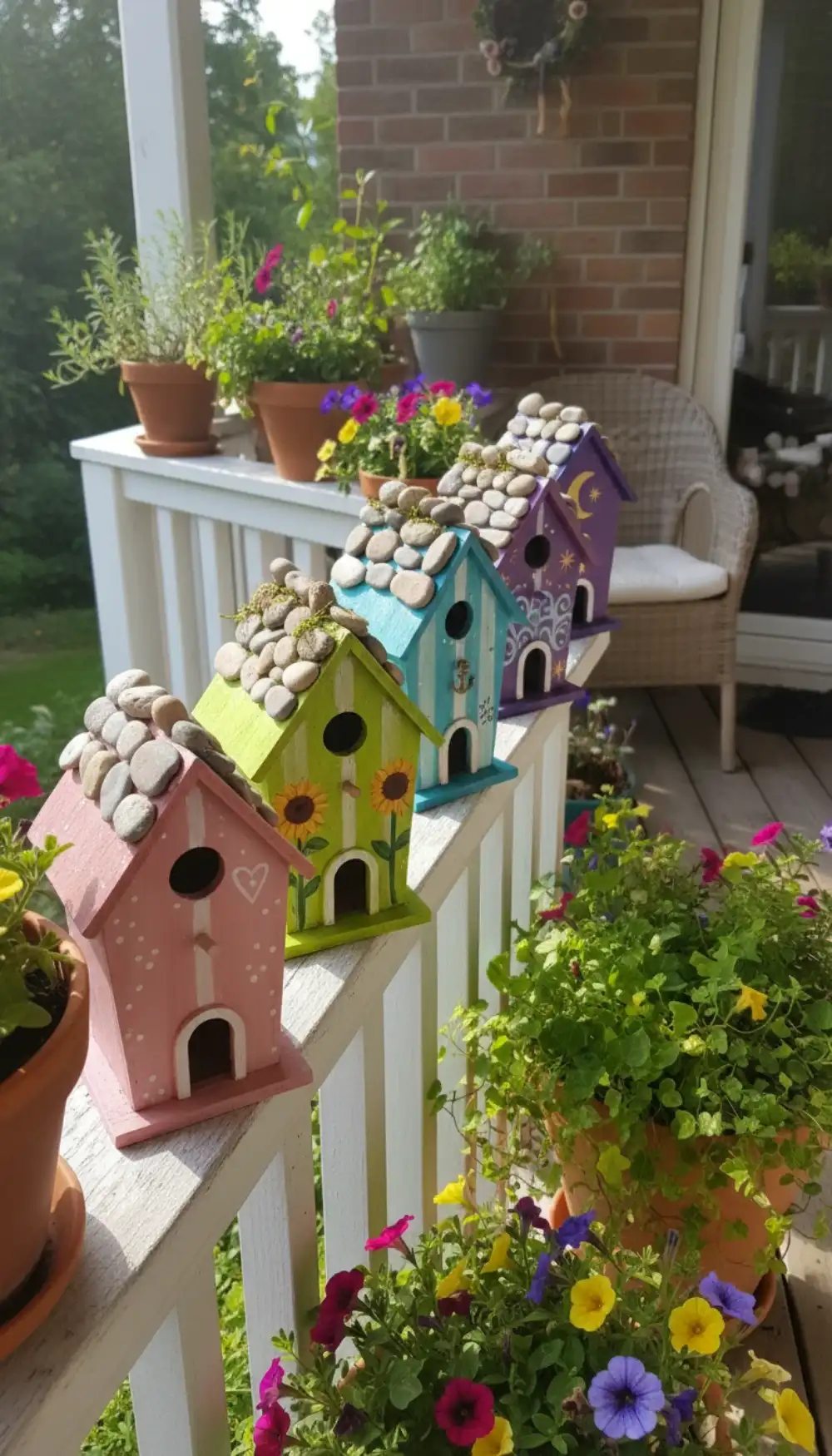 Row of brightly painted wooden birdhouses on a balcony shelf