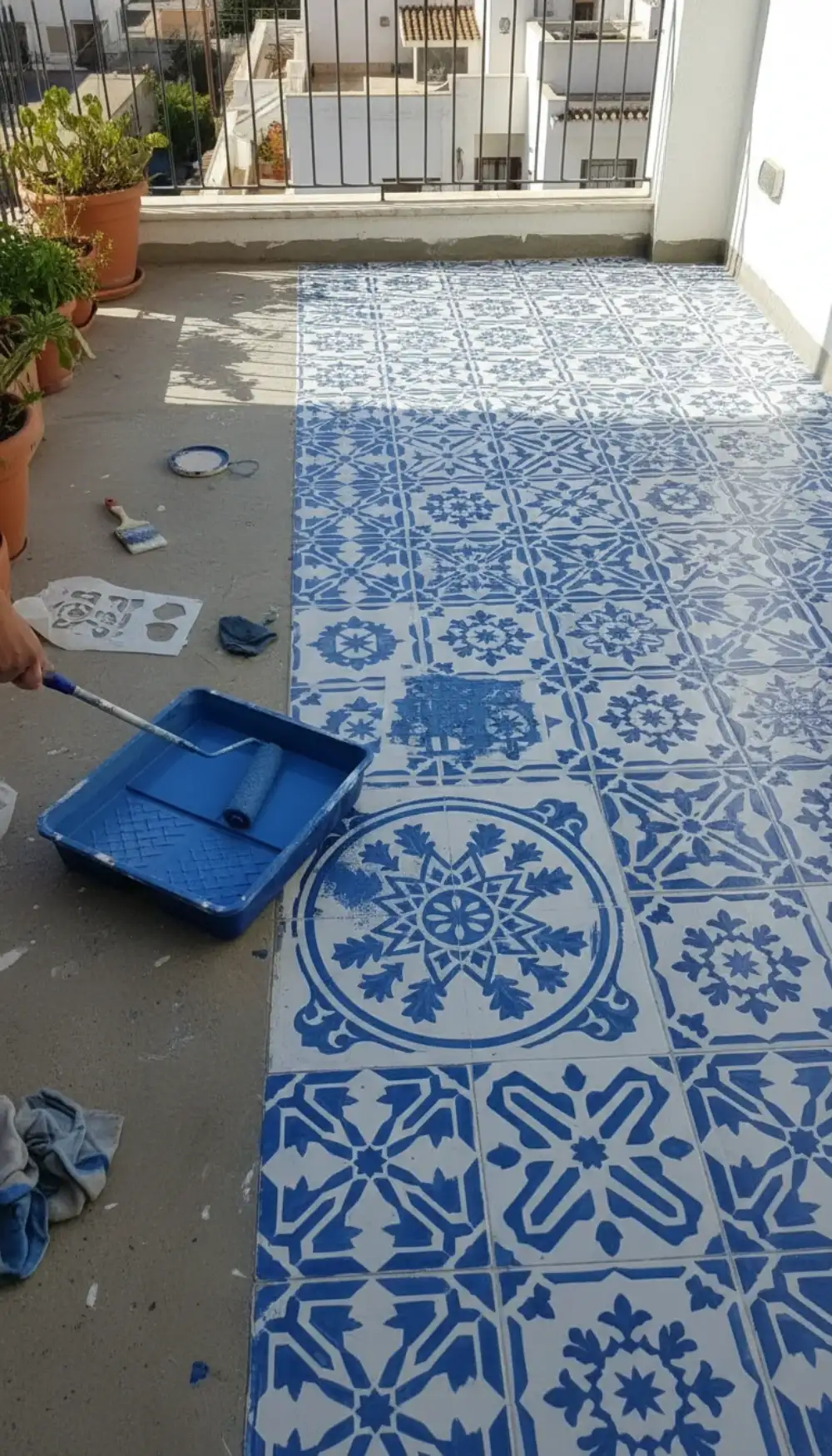 Concrete balcony floor painted with a stencil pattern in blue and white