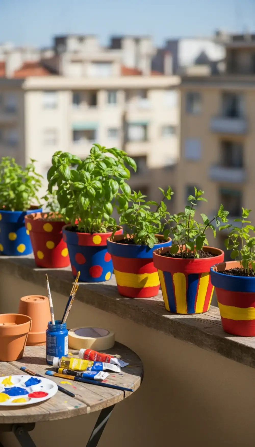 Collection of terracotta pots painted in bright primary colors