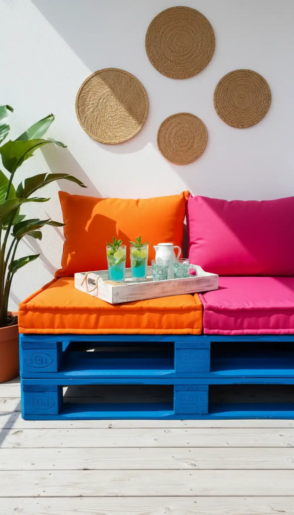 DIY wooden pallet sofa painted electric blue with bright cushions