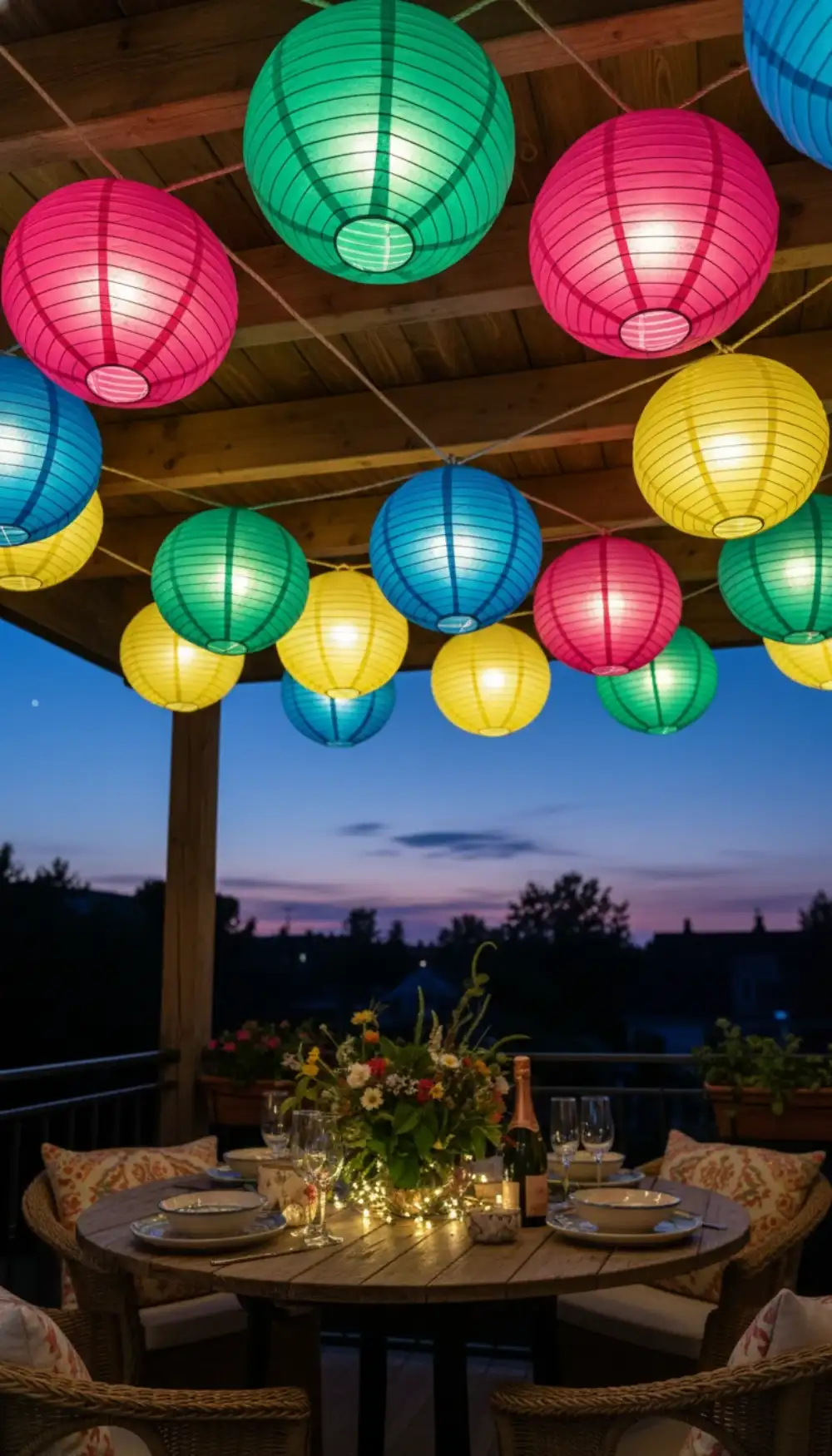 String of colorful paper lanterns hanging above a balcony seating area
