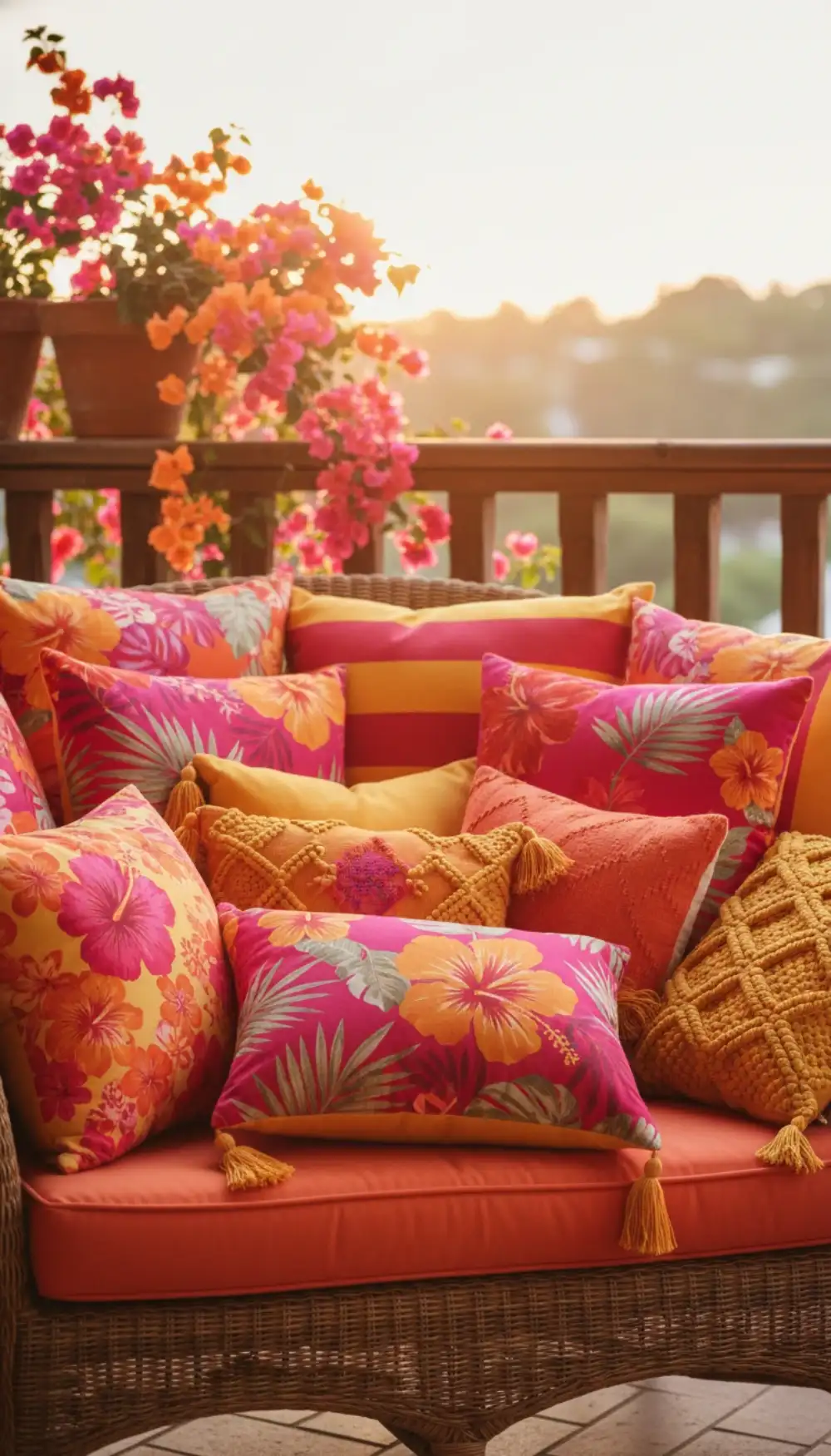 Sofa filled with mismatched colorful throw pillows in various patterns
